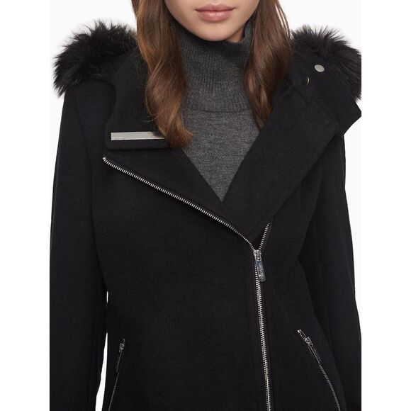 New! CALVIN KLEIN Wool-Blend Hooded Faux Fur Black Coat Jacket XL Zip-Front - Picture 3 of 12
